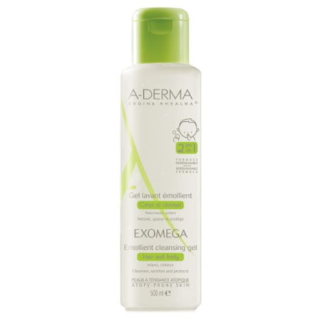 A-DERMA EXOMEGA GEL LAVANT ÉMOLLIENT 2 EN 1 Zvláčňujúci umývací gél 2v1 na telo a vlasy 500 ml