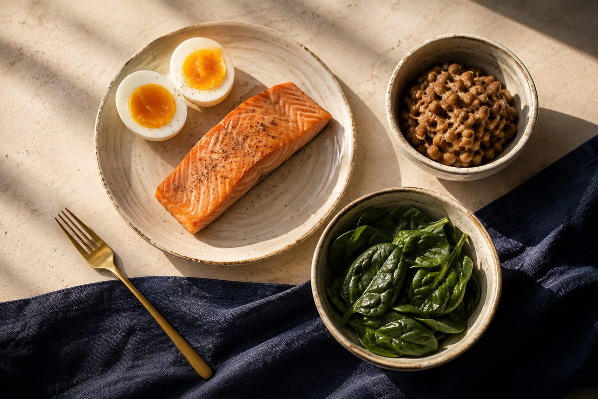 Losos, vajce, fermentované sójové bôby natto a listová zelenina