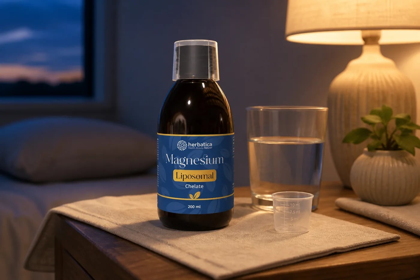 Lipozomálne magnézium Herbatica s pohárom vody a 10 ml odmerkou
