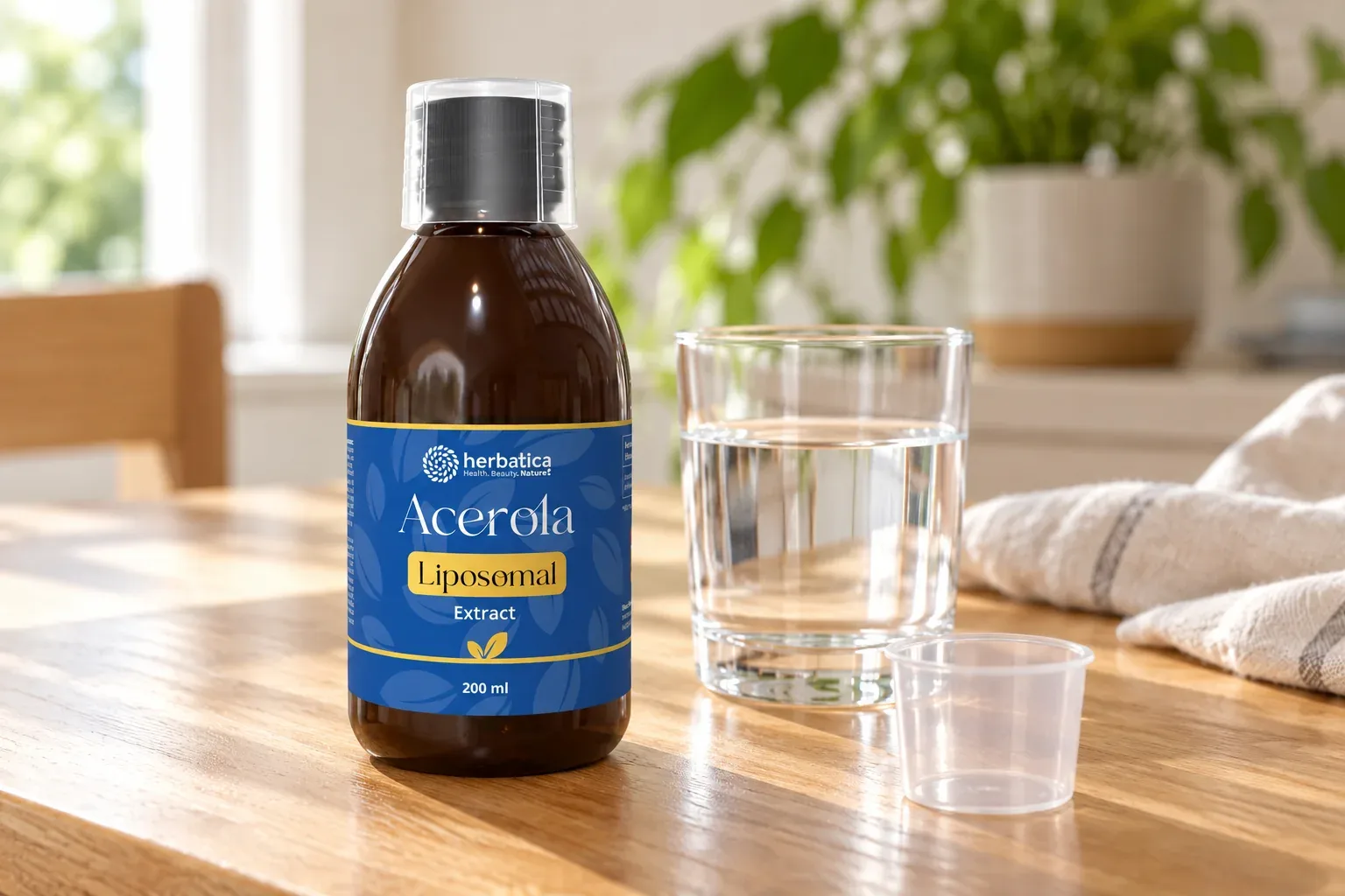 Acerola Herbatica pri pohári vody a prázdnej odmernej nádobke