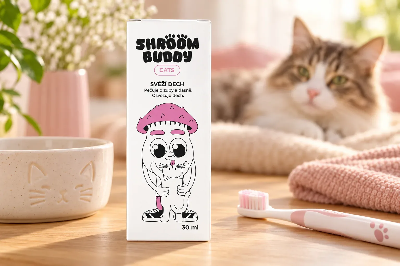 Ilustračná scéna ústnej starostlivosti mačky s balením Shroom Buddy Svieži dych CATS 30 ml