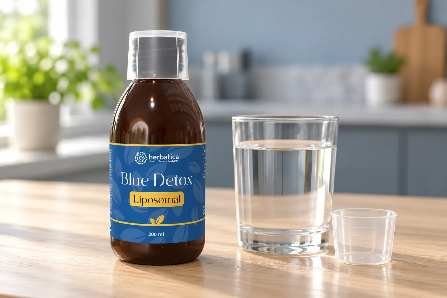 Blue Detox Herbatica pri pohári vody a prázdnej odmernej nádobke