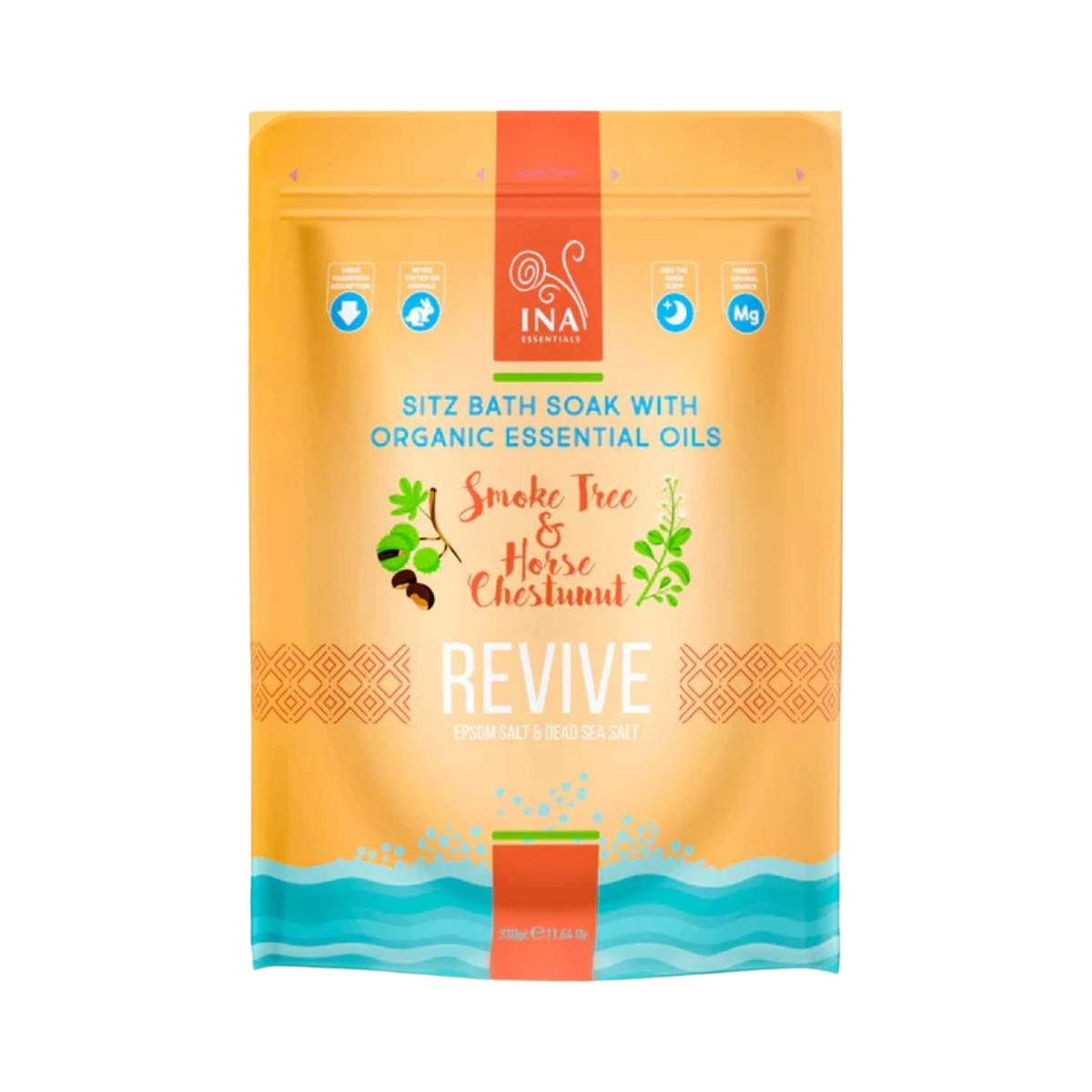 Revive - kúpeľová soľ s pagaštanom konským a škumpovým olejom - kŕčové žily a popôrodná starostlivosť - 330 g - INA Essentials