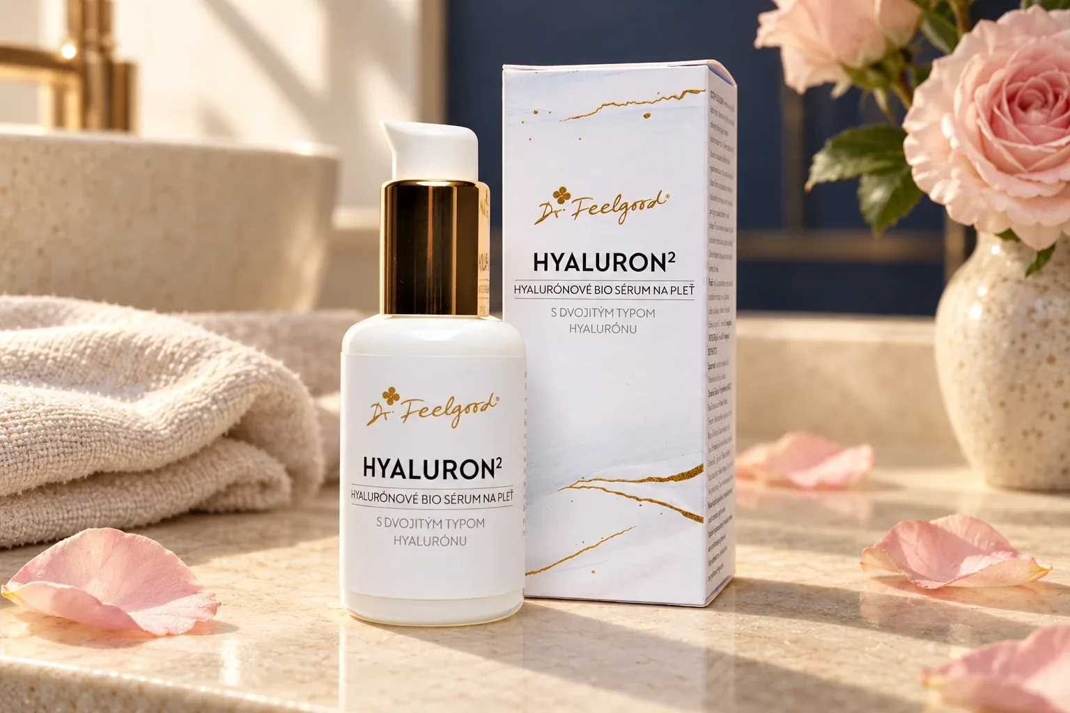 HYALURON² Dr. Feelgood v pôvodnej bielej fľaštičke so zlatou pumpičkou a krabičkou pri ružových lupienkoch