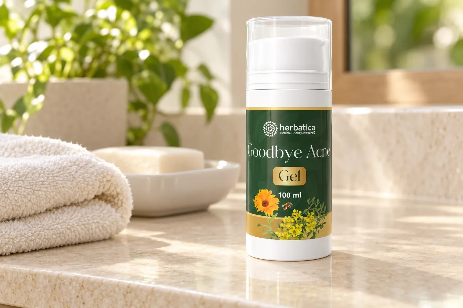 Goodbye Acne Gel 100 ml v uzavretej pumpičkovej fľaši vedľa uteráka