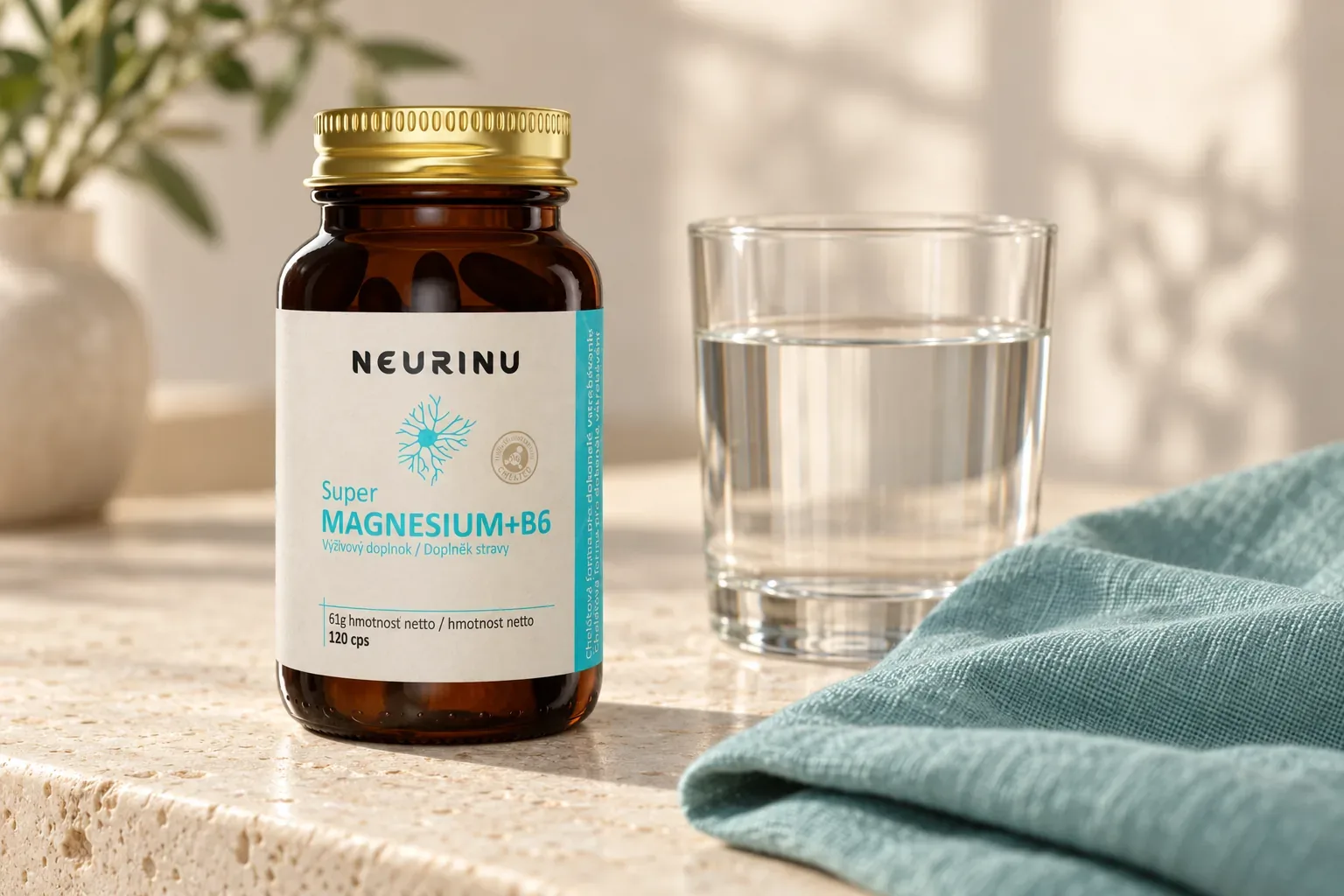 NEURINU Super Magnesium+B6 v pôvodnom balení vedľa pohára vody a tyrkysovej látky