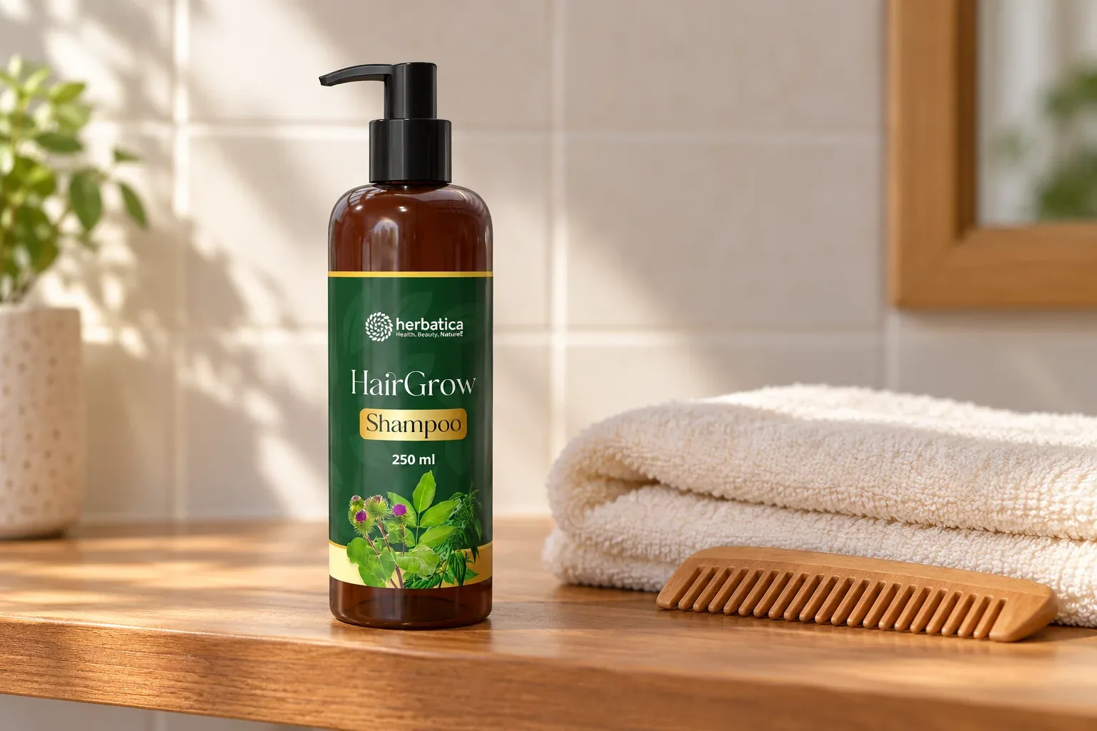 HairGrow Shampoo Herbatica pri uteráku a hrebeni v kúpeľňovej rutine