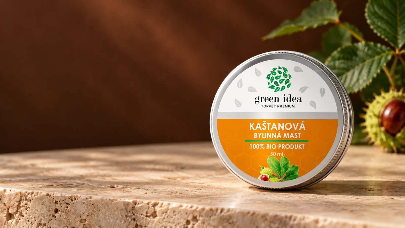 Gaštanová masť Green idea 50 ml v pôvodnej okrúhlej dóze s oranžovou etiketou