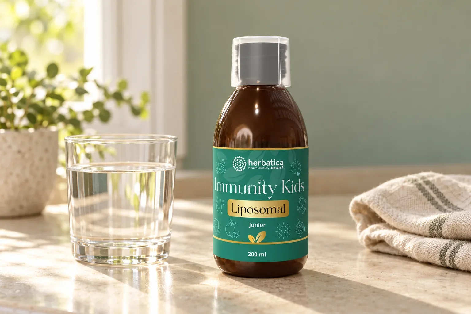 Immunity Kids 200 ml pri pohári vody v jednoduchej domácej rutine