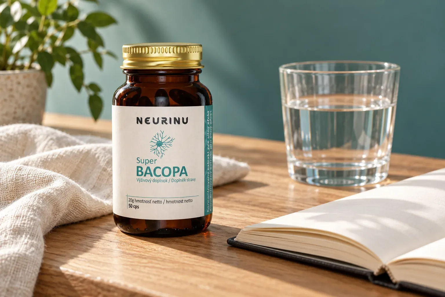 Fľaštička NEURINU Super Bacopa vedľa pohára vody a otvoreného zápisníka
