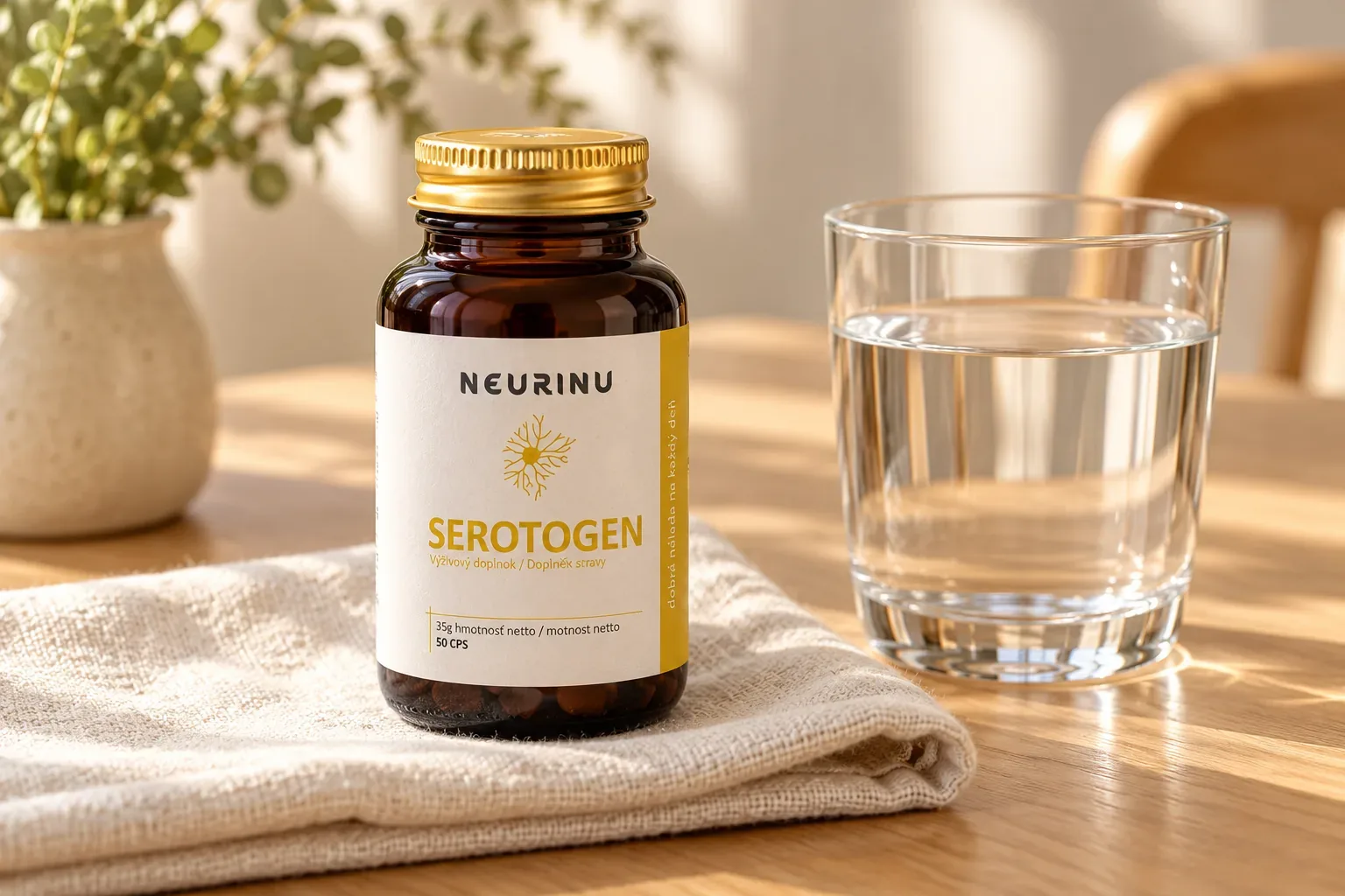 Balenie NEURINU Serotogen vedľa pohára vody na ľanovom podklade