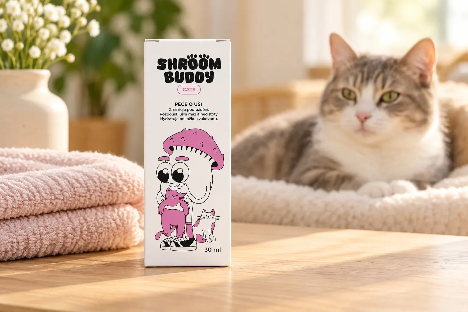 Ilustračná scéna starostlivosti o uši mačky s balením Shroom Buddy Kvapky do uší CATS 30 ml