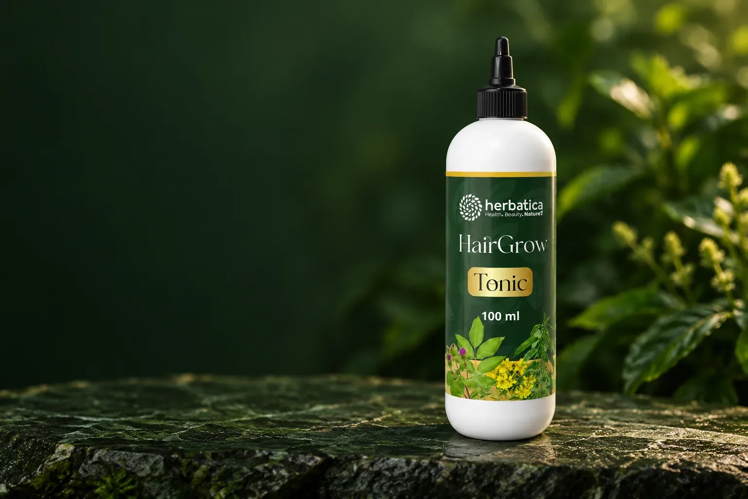 HairGrow Active Tonic · bylinné tonikum – balenie Herbatica v súvislej zelenej scéne