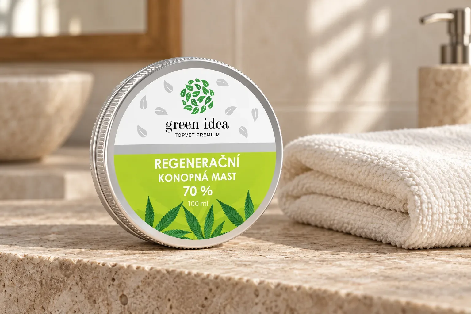 Konopná regeneračná masť Green idea 70 % v pôvodnom uzavretom obale pri uteráku