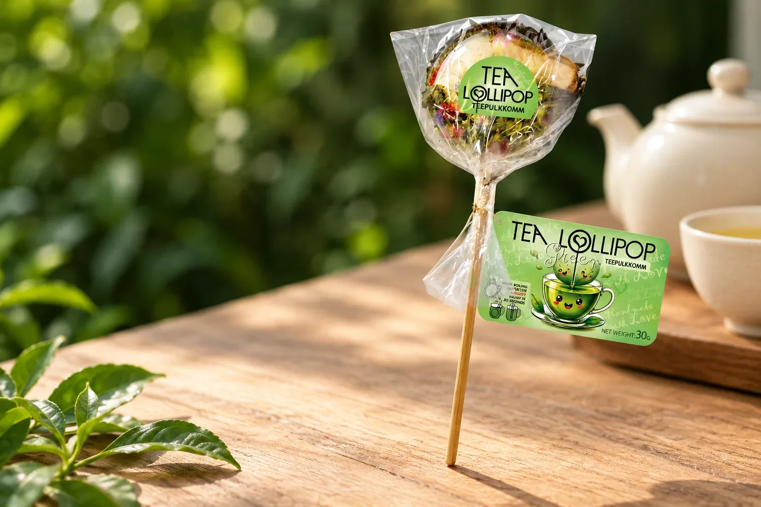 Pôvodné zelené čajové lízatko TEA LOLLIPOP Vitateka 30 g v priehľadnom obale so zelenou visačkou