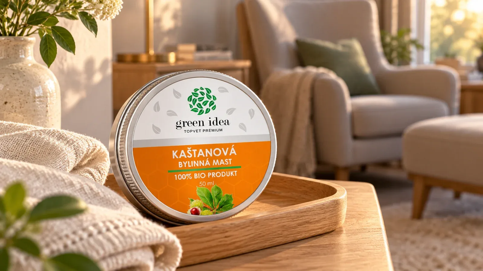 Zatvorená dóza gaštanovej masti Green idea na drevenom podnose pri kresle