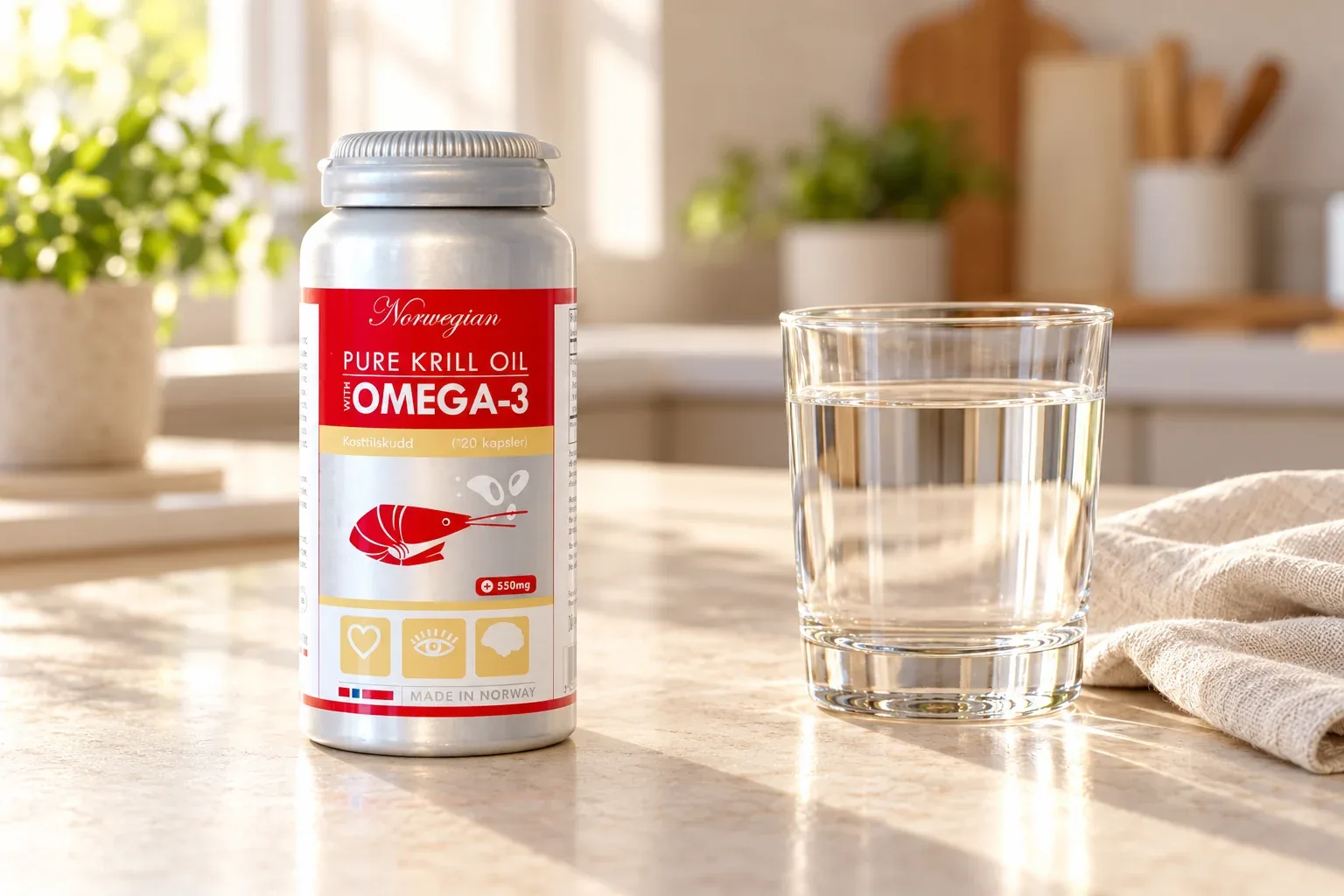 PURE Krill Oil Omega-3 pri pohári vody v každodennej rutine