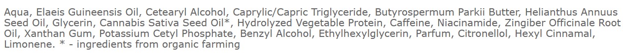 Zloženie spevňujúceho telového masla Organic Cannabis Ecolatier